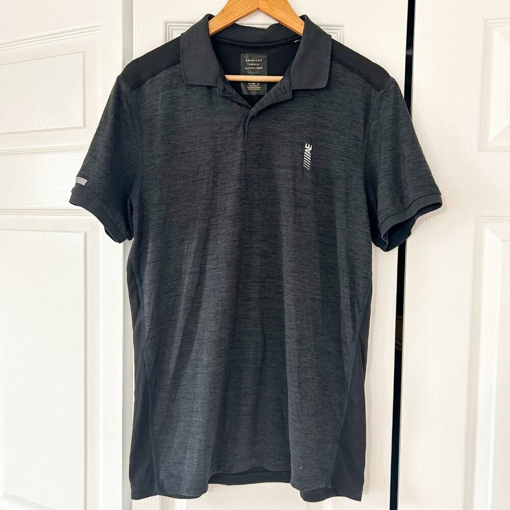 American Eagle Black Active Flex Polo Shirt Moisture-Wicking Men’s Size M Tall